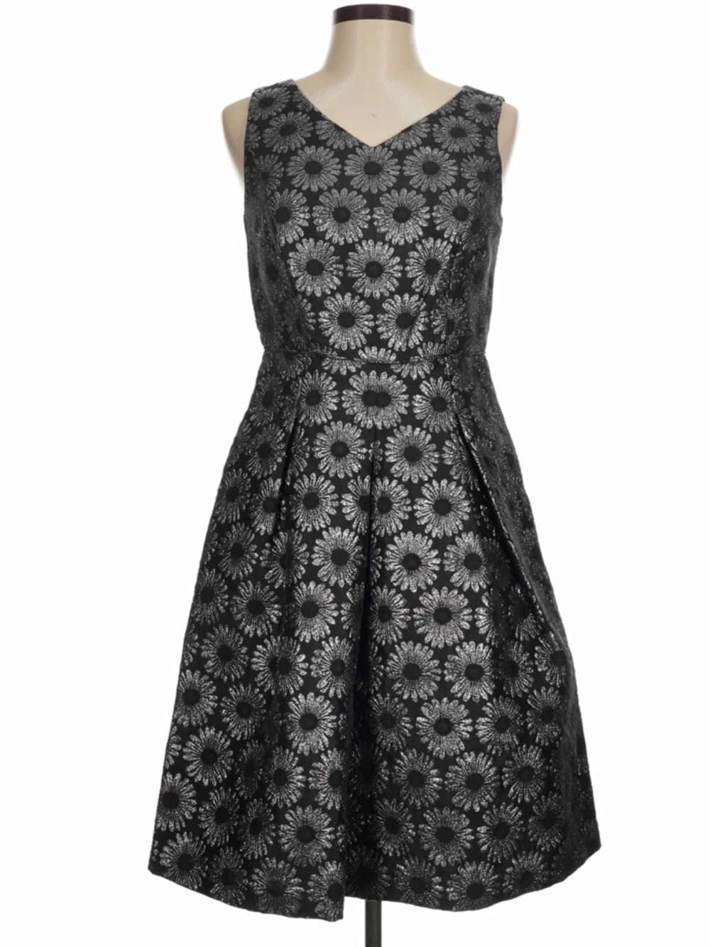 Talbots Sleeveless Black and Silver Floral Jacquard Fit-and-Flare Daisy Dress